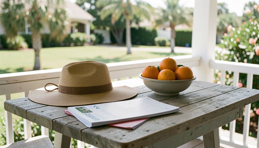 Porch table with a sun hat, a folded calendar and a bowl of citrus fruit under bright Florida morning light